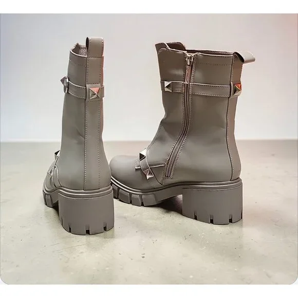 Studded Gray Combat-Style Ankle Boots With Chunky Block Heel And Side Zipper Clo - Picture 7 of 8